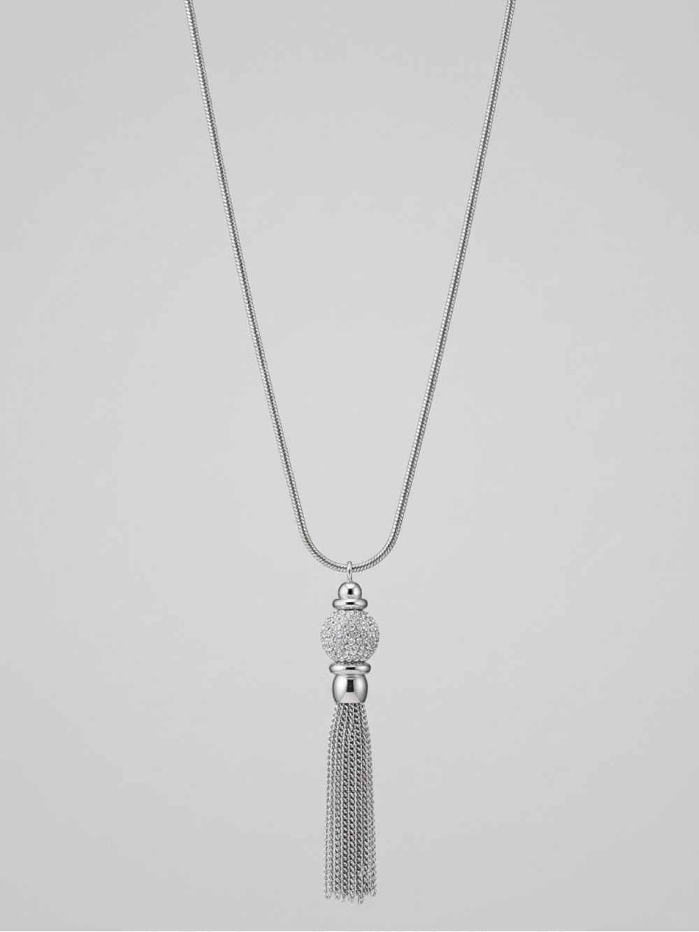 Nine West Silver Pave Rhinestone Disco Ball Chain Tassel Statement Necklace Long
